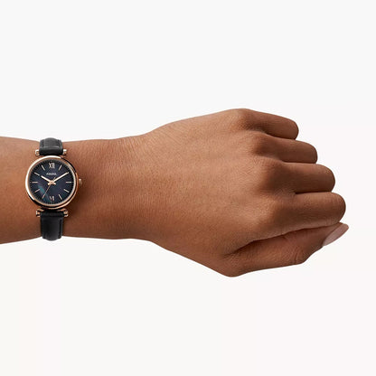 Fossil Ladies' Carlie Quartz Rose Gold-Tone Stainless Steel Watch with Mother of Pearl Dial & Black Leather Strap front view