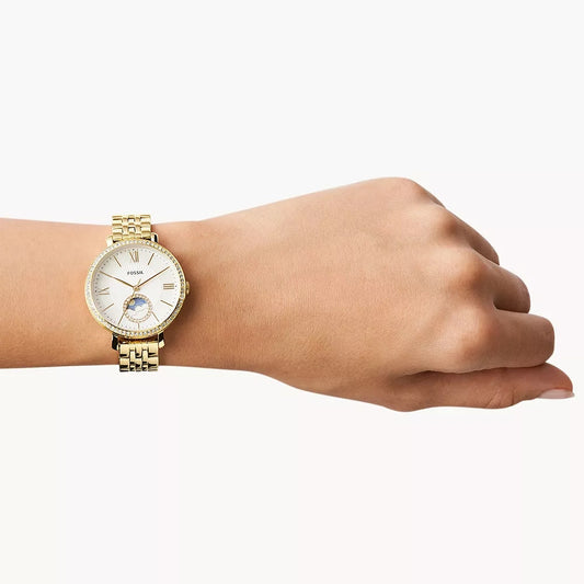 Fossil Ladies' Jacqueline Quartz Multi-Function Gold-Tone Stainless Steel Watch with Crystal Accent Mother of front view
