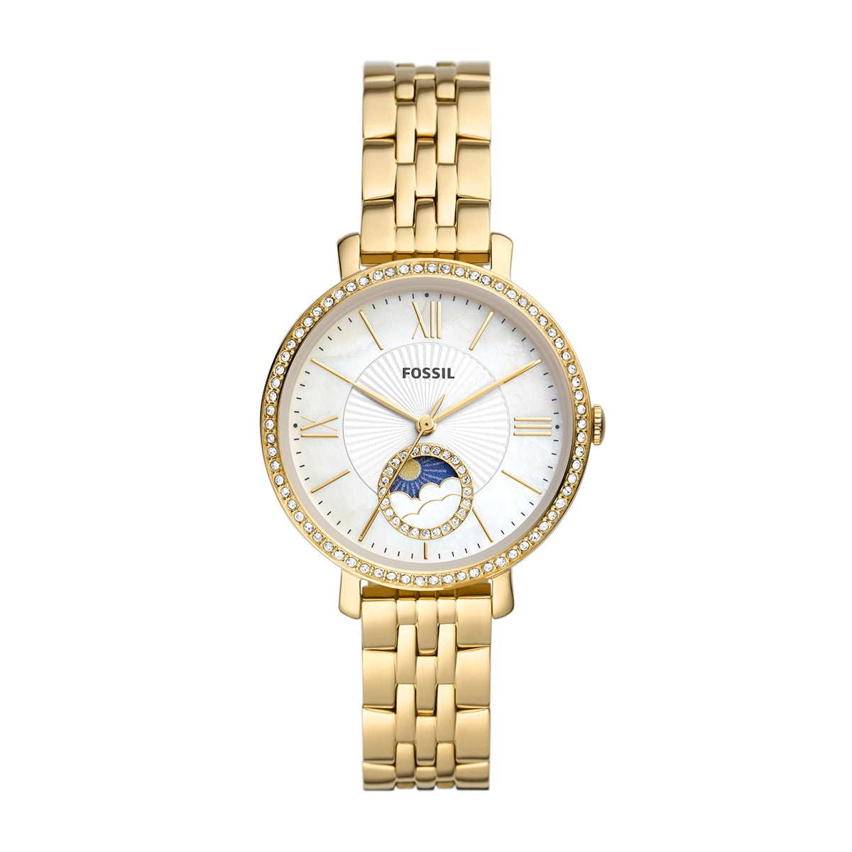 Fossil Ladies' Jacqueline Quartz Multi-Function Gold-Tone Stainless Steel Watch with Crystal Accent Mother of Pearl Dial