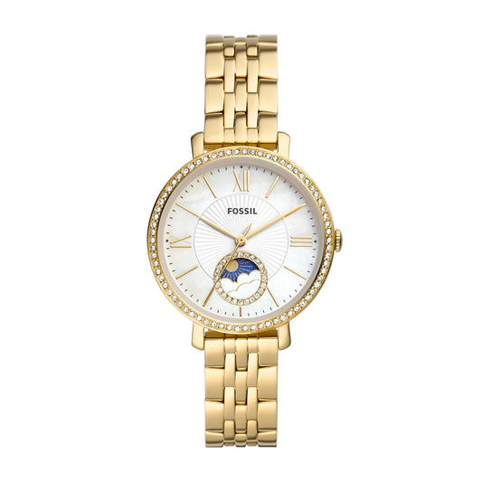 Fossil Ladies' Jacqueline Quartz Multi-Function Gold-Tone Stainless Steel Watch with Crystal Accent Mother of Pearl Dial
