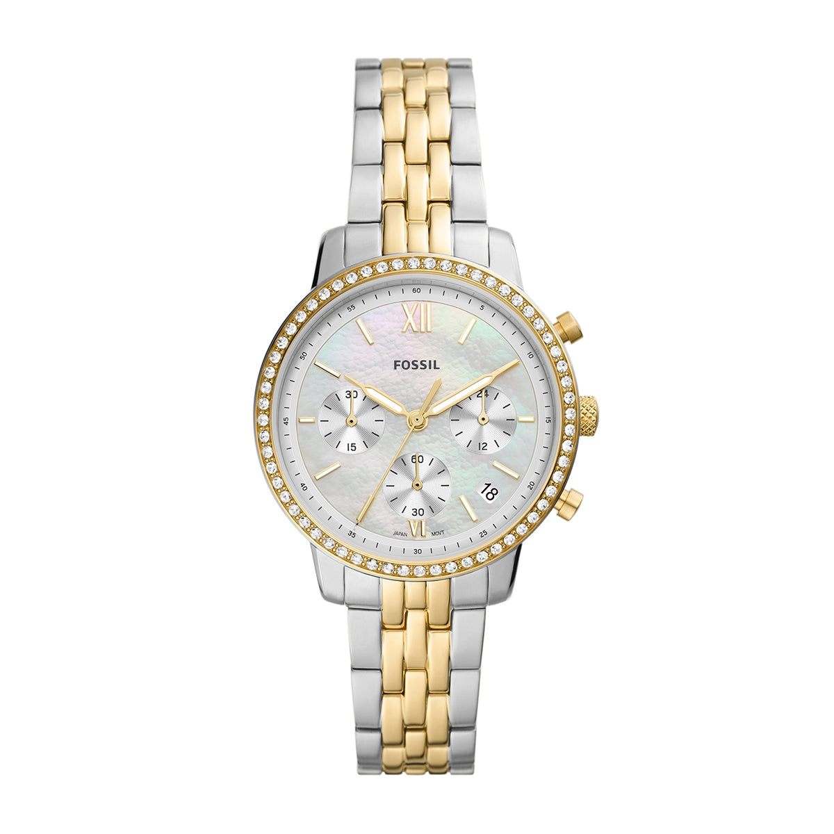 Fossil Ladies' Neutra Quartz Chronograph White & Gold-Tone Stainless Steel Watch with Crystal Accent Mother of Pearl Dial