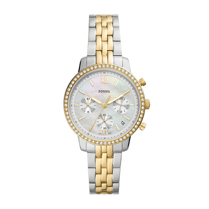 Fossil Ladies' Neutra Quartz Chronograph White & Gold-Tone Stainless Steel Watch with Crystal Accent Mother of Pearl Dial