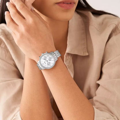 Fossil Ladies' Neutra Quartz Chronograph Stainless Steel Watch with Crystal Accent White Dial front view