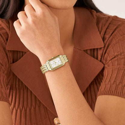 Fossil Ladies' Raquel Quartz Gold-Tone Stainless Steel Watch with Rectangle White Dial front view