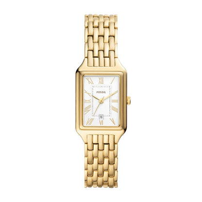 Fossil Ladies' Raquel Quartz Gold-Tone Stainless Steel Watch with Rectangle White Dial