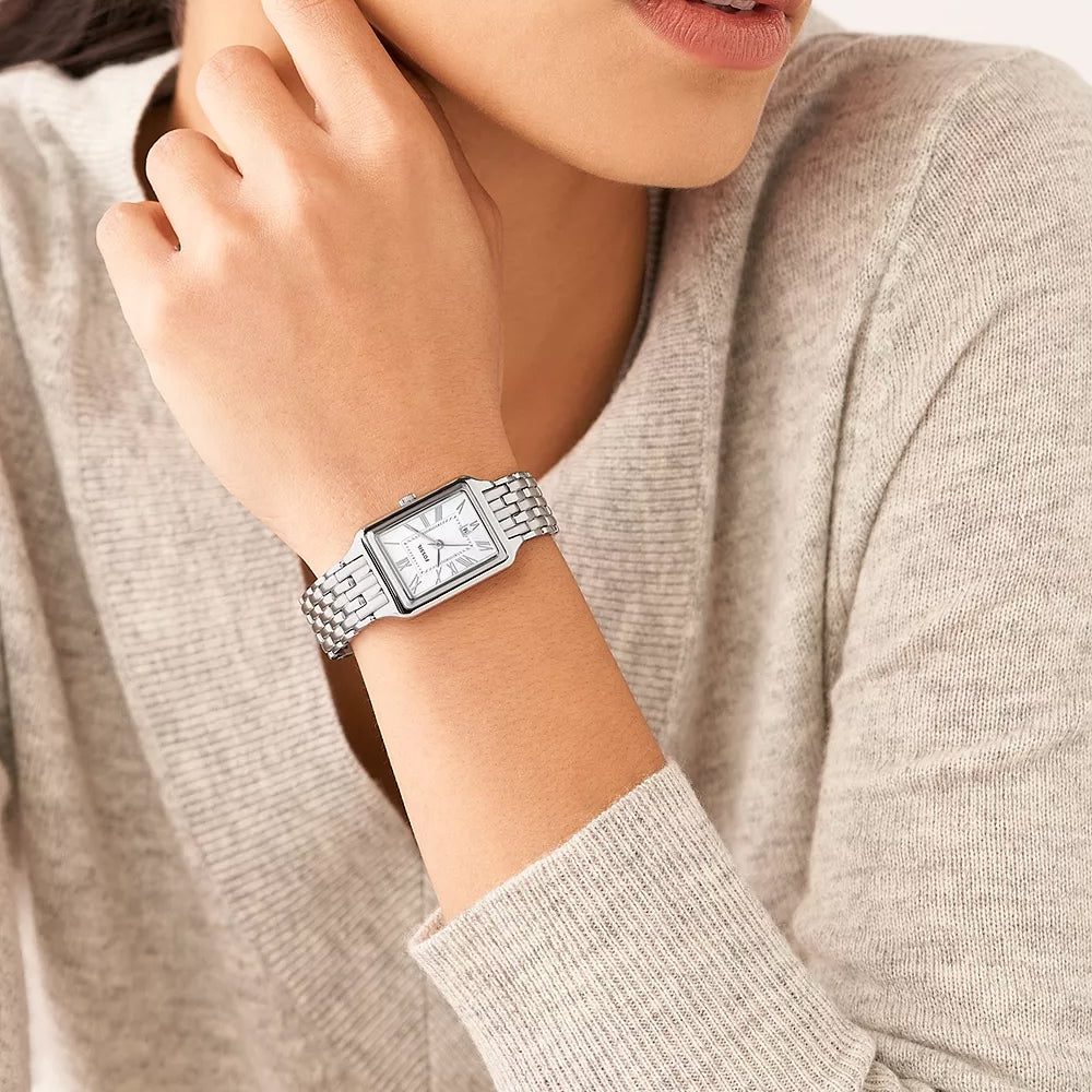 Fossil Ladies' Raquel Quartz Stainless Steel Watch with Rectangle White Dial front view