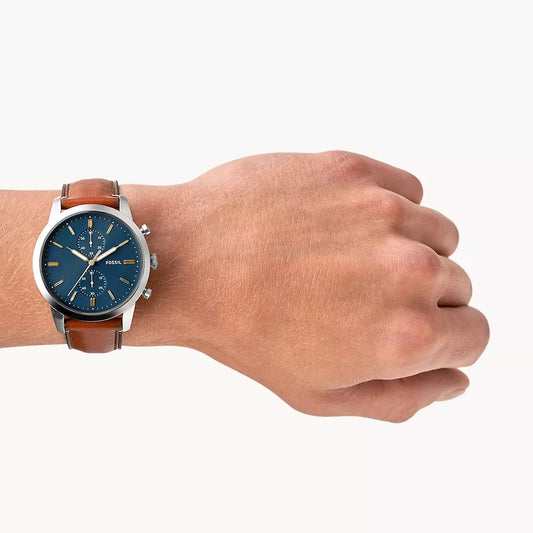 Fossil Men's Townsman Quartz Chronograph Stainless Steel Watch with Blue Dial & Leather Strap front view