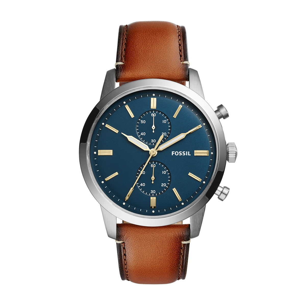 Fossil Men's Townsman Quartz Chronograph Stainless Steel Watch with Blue Dial & Leather Strap