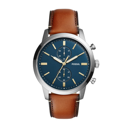 Fossil Men's Townsman Quartz Chronograph Stainless Steel Watch with Blue Dial & Leather Strap