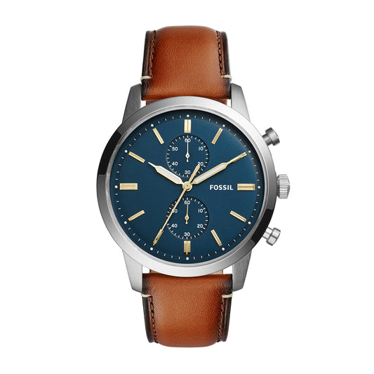 Fossil Men's Townsman Quartz Chronograph Stainless Steel Watch with Blue Dial & Leather Strap