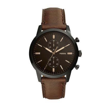 Fossil Men's Townsman Quartz Chronograph Black Stainless Steel Watch with Black Dial & Leather Strap