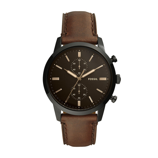 Fossil Men's Townsman Quartz Chronograph Black Stainless Steel Watch with Black Dial & Leather Strap