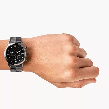 Fossil Men's Neutra Quartz Chronograph Gray Stainless Steel Watch with Black Dial & Gray Mesh Band front view