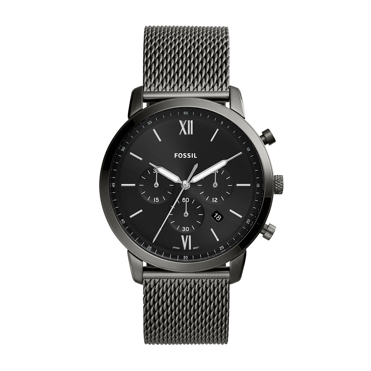 Fossil Men's Neutra Quartz Chronograph Gray Stainless Steel Watch with Black Dial & Gray Mesh Band