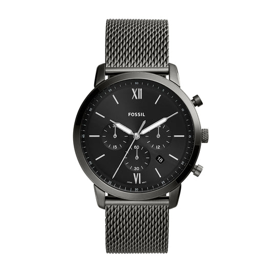 Fossil Men's Neutra Quartz Chronograph Gray Stainless Steel Watch with Black Dial & Gray Mesh Band