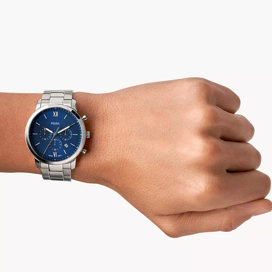 Fossil Men's Neutra Quartz Chronograph Stainless Steel Watch with Blue Dial front view
