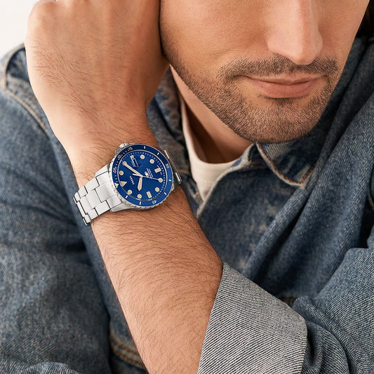 Fossil Men's Quartz Dive Stainless Steel Watch with Blue Dial front view