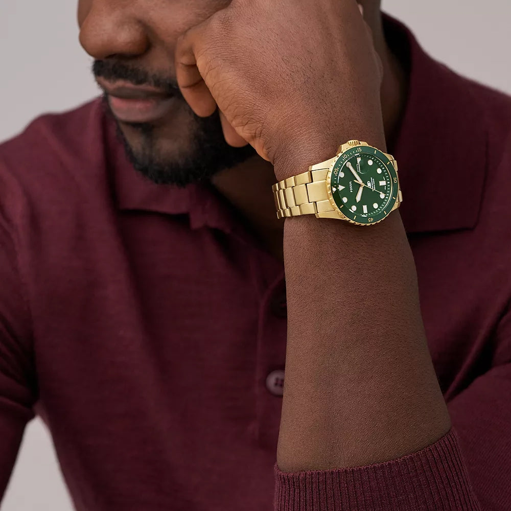 Fossil Men's Quartz Dive Gold-Tone Stainless Steel Watch with Green Dial front view