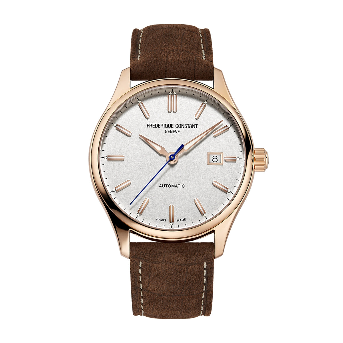 Frederique Constant Men's Index Automatic Rose Gold-Tone Stainless Steel Watch with Silver Dial & Brown Leather Strap