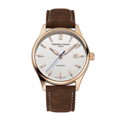 Frederique Constant Men's Index Automatic Rose Gold-Tone Stainless Steel Watch with Silver Dial & Brown Leather Strap