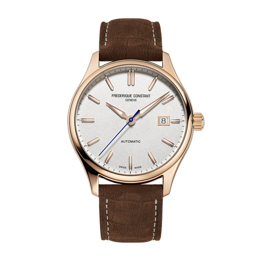 Frederique Constant Men's Index Automatic Rose Gold-Tone Stainless Steel Watch with Silver Dial & Brown Leather Strap