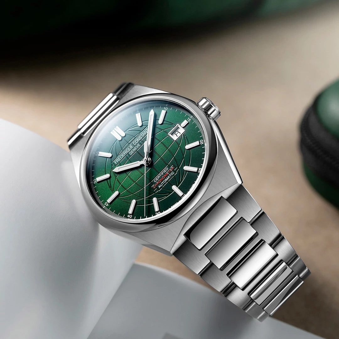 Frederique Constant Men's Highlife Automatic Stainless Steel Watch with Green Dial close-up detail