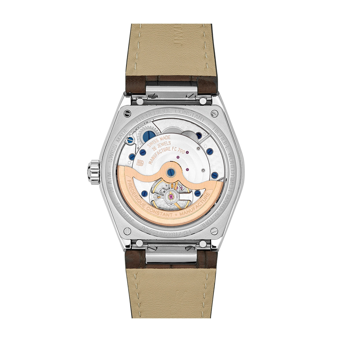 Frederique Constant Men's Highlife Worldtimer Manufacture Stainless Steel Watch with Brown Dial & Leather Strap front view