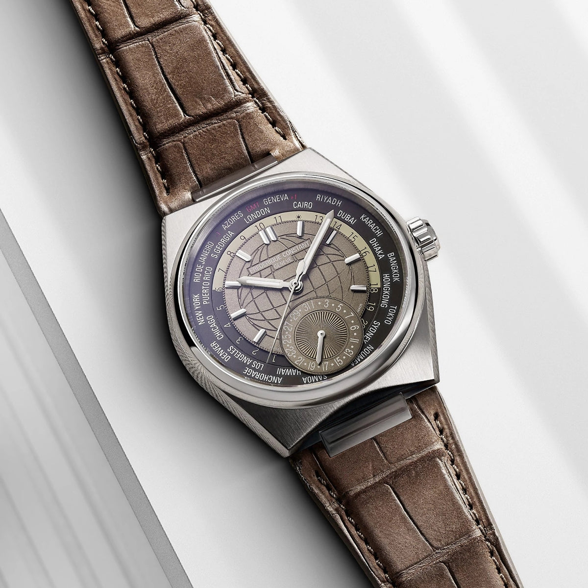 Frederique Constant Men's Highlife Worldtimer Manufacture Stainless Steel Watch with Brown Dial & Leather close-up detail
