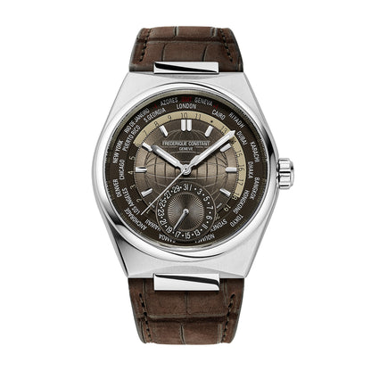 Frederique Constant Men's Highlife Worldtimer Manufacture Stainless Steel Watch with Brown Dial & Leather Strap