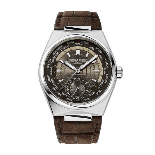 Frederique Constant Men's Highlife Worldtimer Manufacture Stainless Steel Watch with Brown Dial & Leather Strap