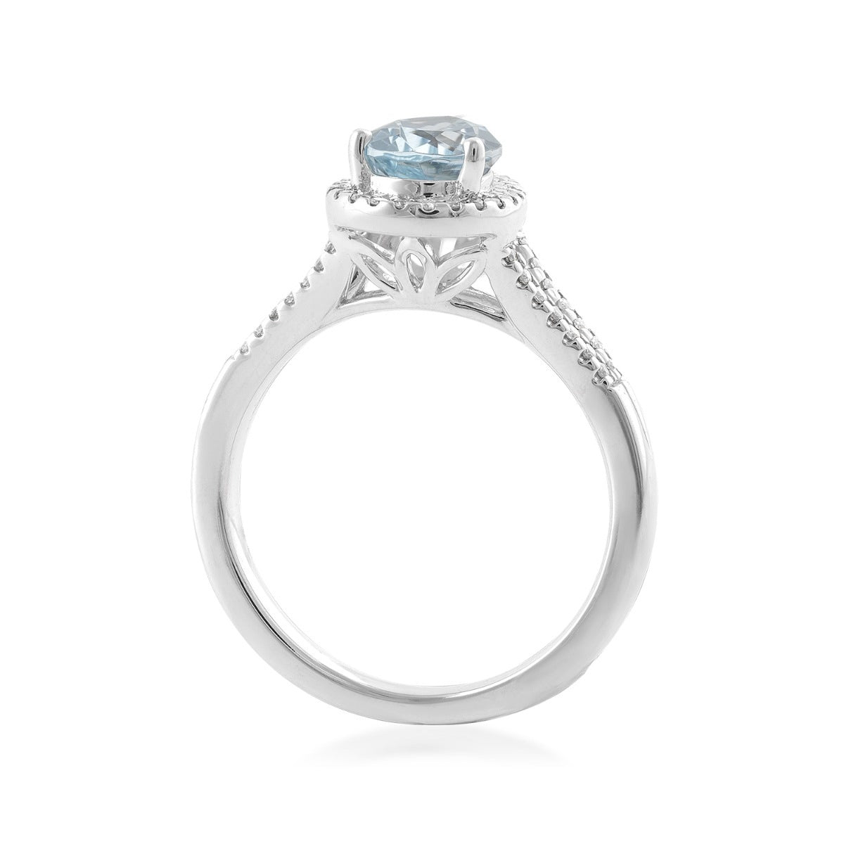 Pear Aquamarine & 1/4 ct. tw. Diamond Halo Split Shank Ring in 14K White Gold close-up detail