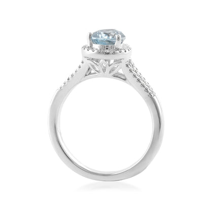 Pear Aquamarine & 1/4 ct. tw. Diamond Halo Split Shank Ring in 14K White Gold close-up detail
