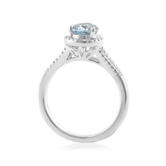 Pear Aquamarine & 1/4 ct. tw. Diamond Halo Split Shank Ring in 14K White Gold close-up detail