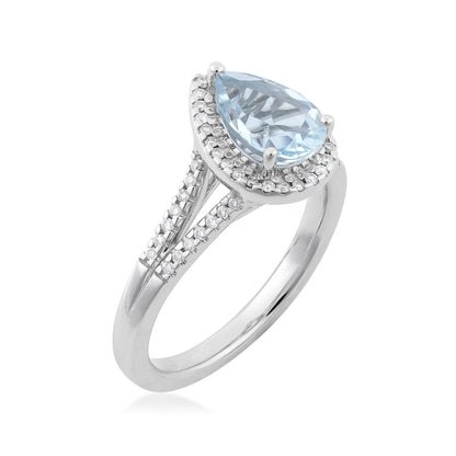 Pear Aquamarine & 1/4 ct. tw. Diamond Halo Split Shank Ring in 14K White Gold front view