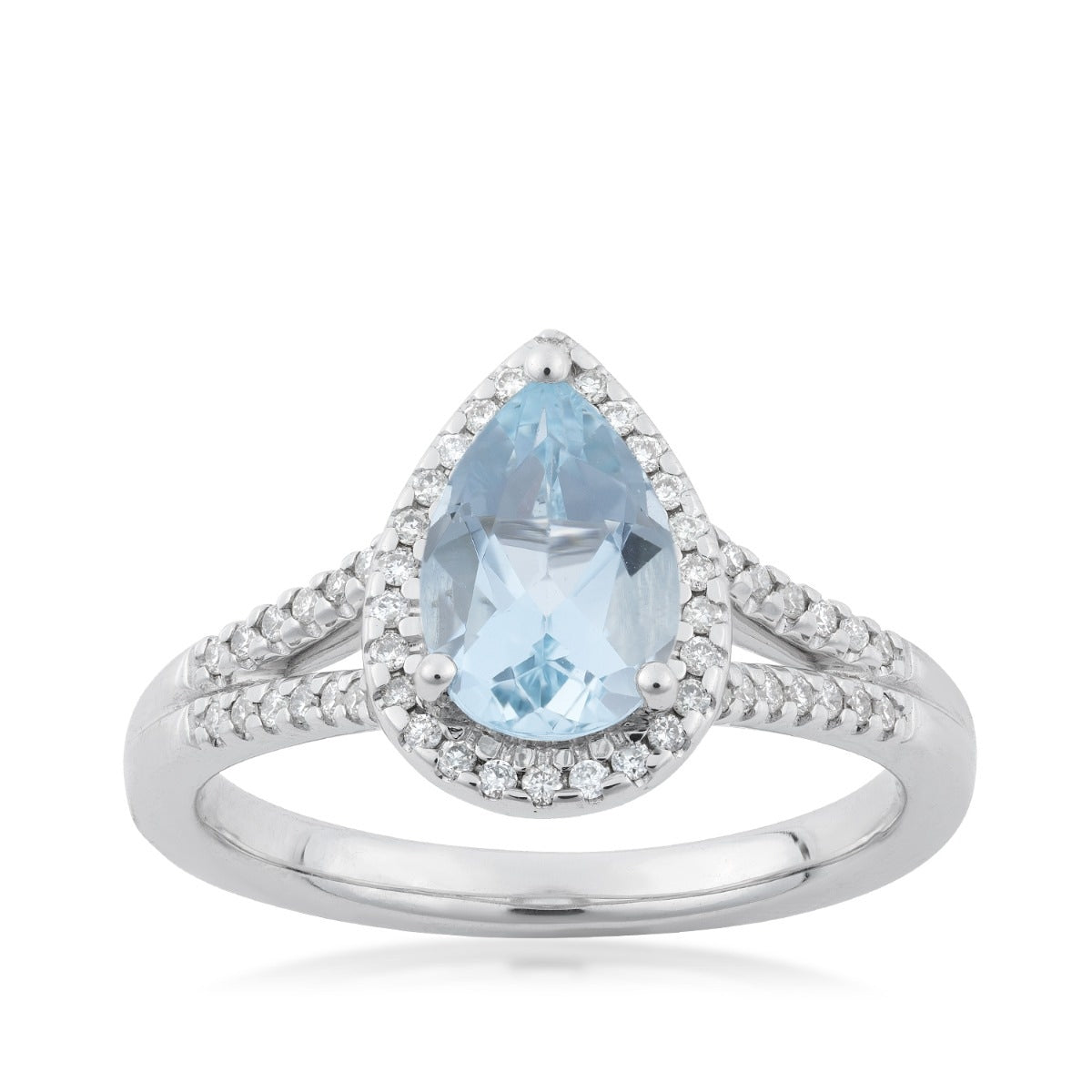 Pear Aquamarine & 1/4 ct. tw. Diamond Halo Split Shank Ring in 14K White Gold
