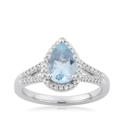 Pear Aquamarine & 1/4 ct. tw. Diamond Halo Split Shank Ring in 14K White Gold