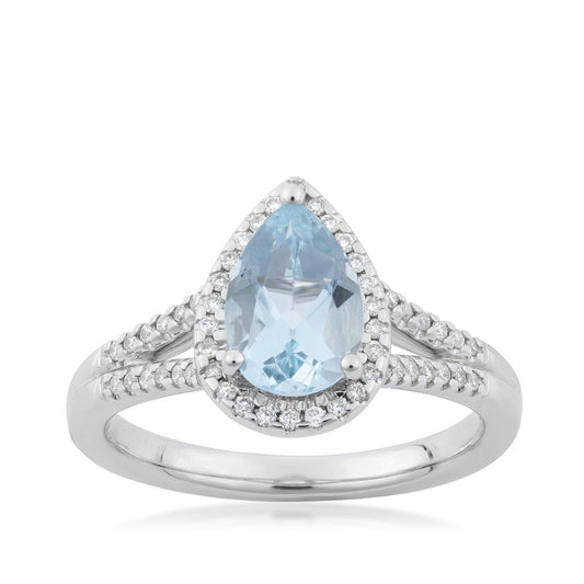 Pear Aquamarine & 1/4 ct. tw. Diamond Halo Split Shank Ring in 14K White Gold