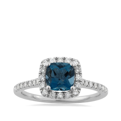 Cushion Blue Topaz & 3/8 ct. tw. Diamond Halo Ring in 14K White Gold