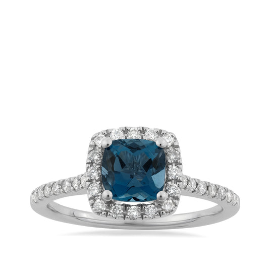 Cushion Blue Topaz & 3/8 ct. tw. Diamond Halo Ring in 14K White Gold