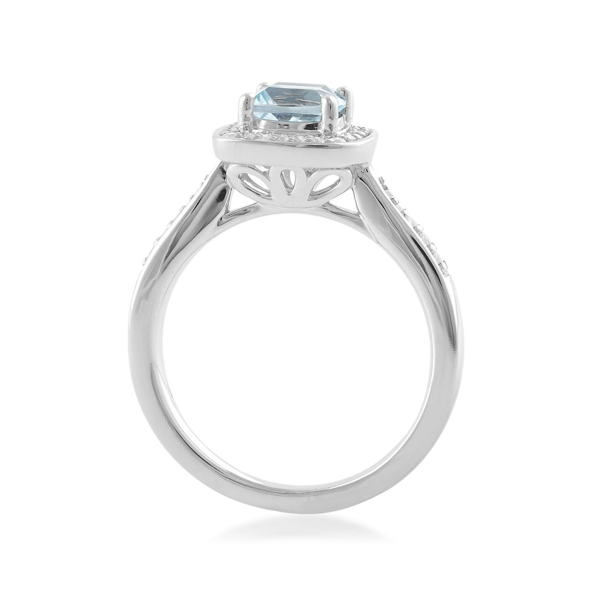 Cushion Aquamarine & 1/6 ct. tw. Diamond Halo Ring in 14K White Gold close-up detail