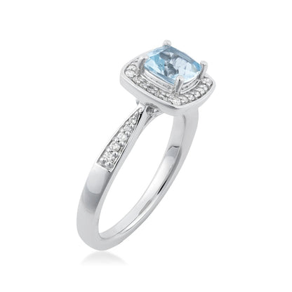 Cushion Aquamarine & 1/6 ct. tw. Diamond Halo Ring in 14K White Gold front view
