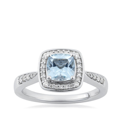 Cushion Aquamarine & 1/6 ct. tw. Diamond Halo Ring in 14K White Gold