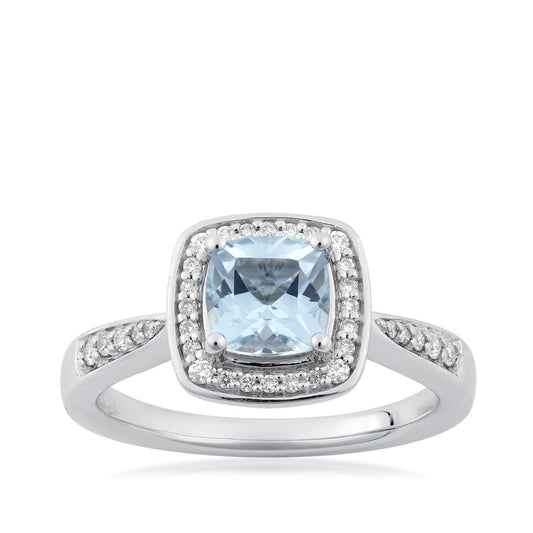 Cushion Aquamarine & 1/6 ct. tw. Diamond Halo Ring in 14K White Gold