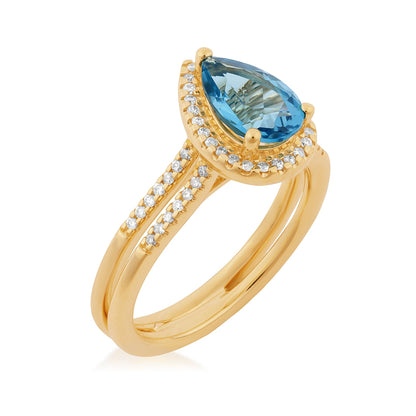 Pear London Blue Topaz & 1/5 ct. tw. Diamond Halo Ring in 14K Yellow Gold front view