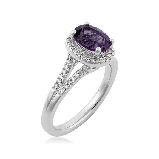 Oval Amethyst & 1/5 ct. tw. Diamond Halo Split Shank Ring in 14K White Gold front view