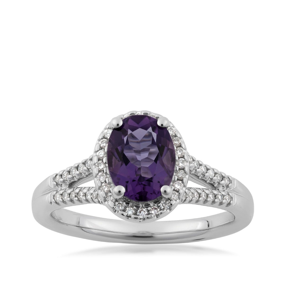 Oval Amethyst & 1/5 ct. tw. Diamond Halo Split Shank Ring in 14K White Gold