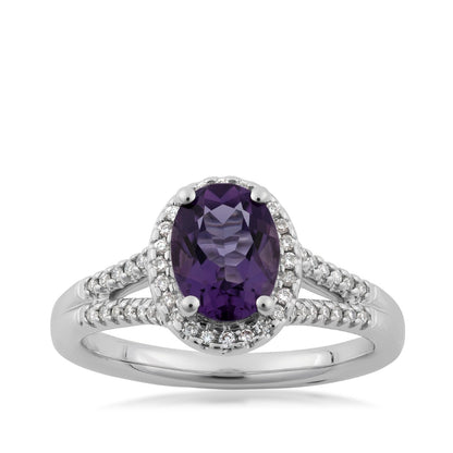 Oval Amethyst & 1/5 ct. tw. Diamond Halo Split Shank Ring in 14K White Gold