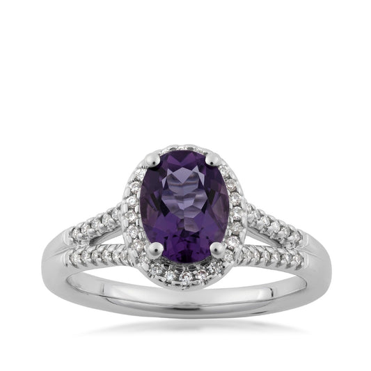 Oval Amethyst & 1/5 ct. tw. Diamond Halo Split Shank Ring in 14K White Gold