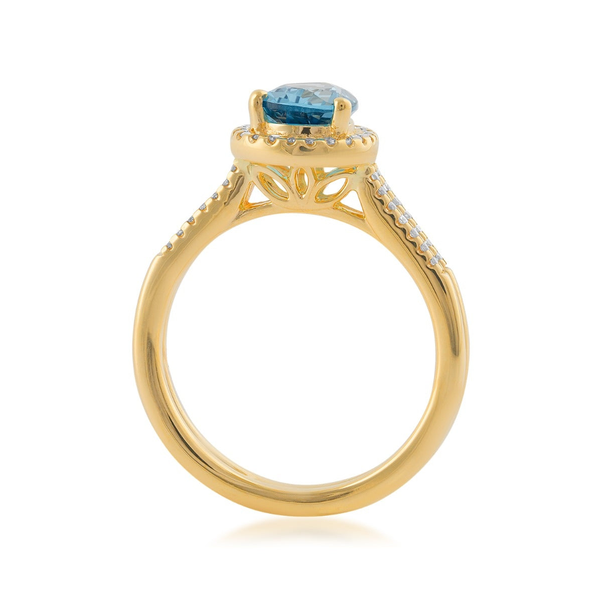 Pear London Blue Topaz & 1/4 ct. tw. Diamond Halo Twist Shank Ring in 14K Yellow Gold close-up detail