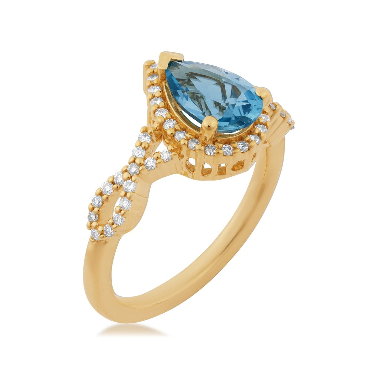 Pear London Blue Topaz & 1/4 ct. tw. Diamond Halo Twist Shank Ring in 14K Yellow Gold front view